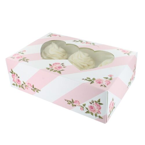 Cupcake Box, holds 6 or 12 - Pink Heart - Single