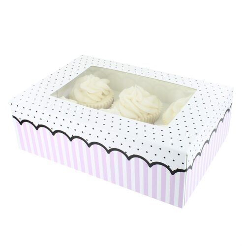 Cupcake Box with Dual Insert, holds 6 or 12 - Pink Spot & Stripe - Single