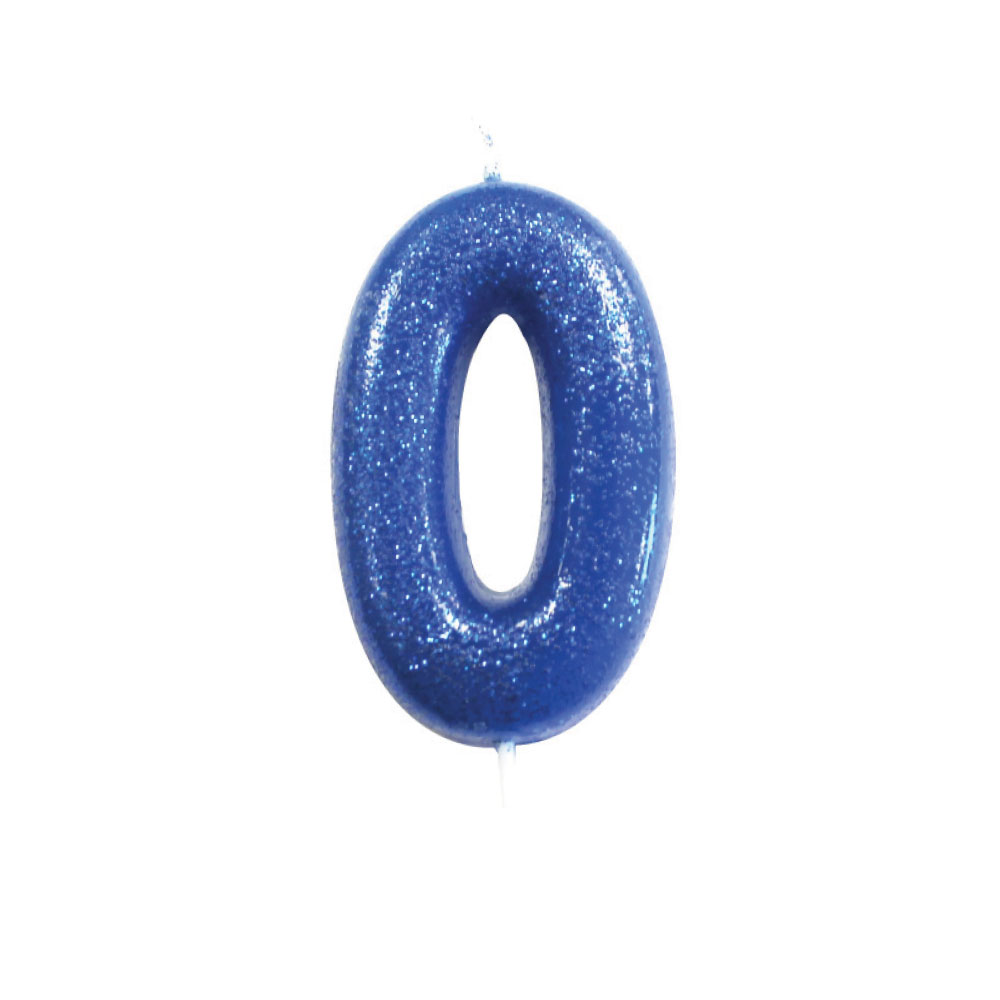 Blue number 0 glitter candle