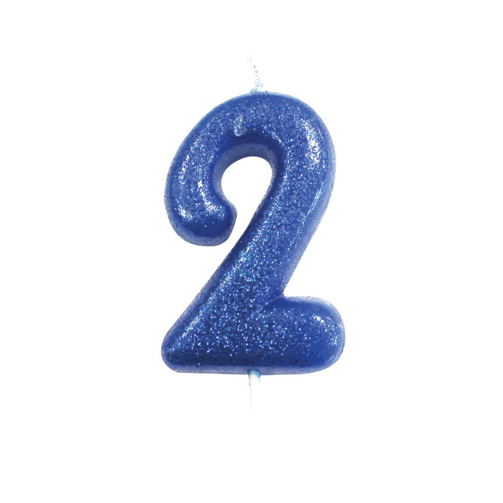 Blue number 2 glitter candle