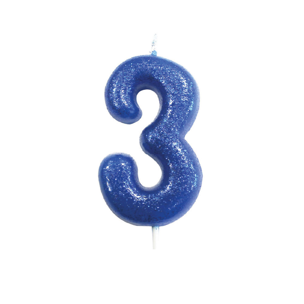 Blue number 3 glitter candle