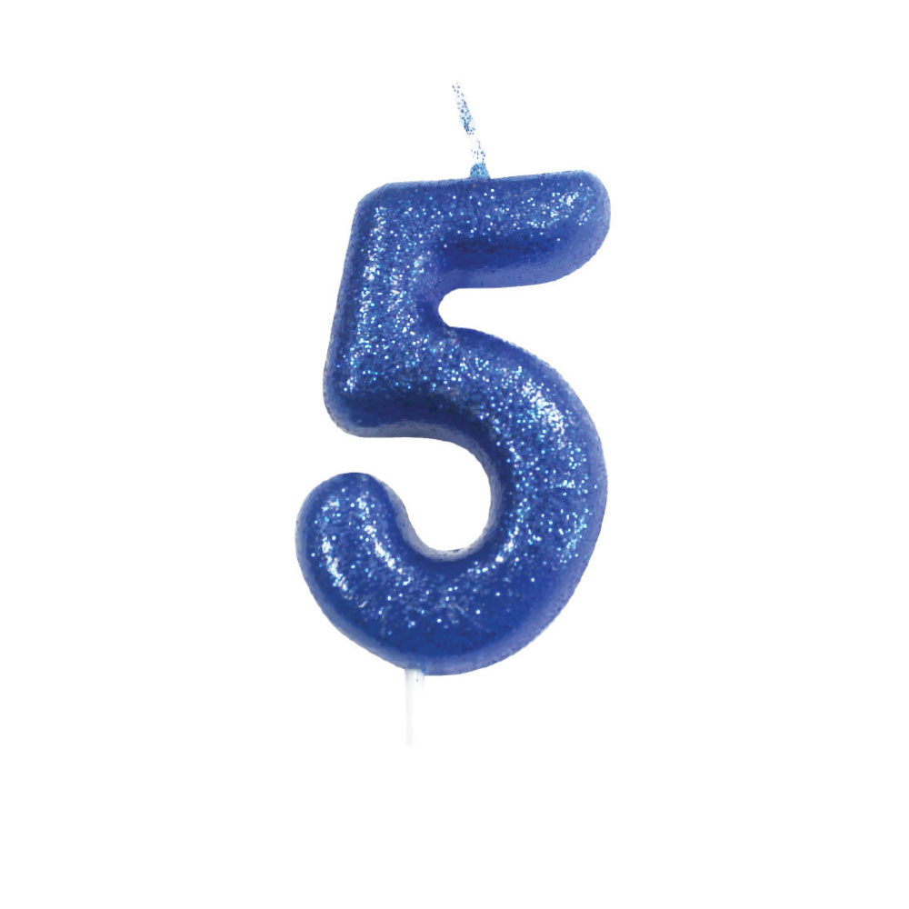 Blue number 5 glitter candle