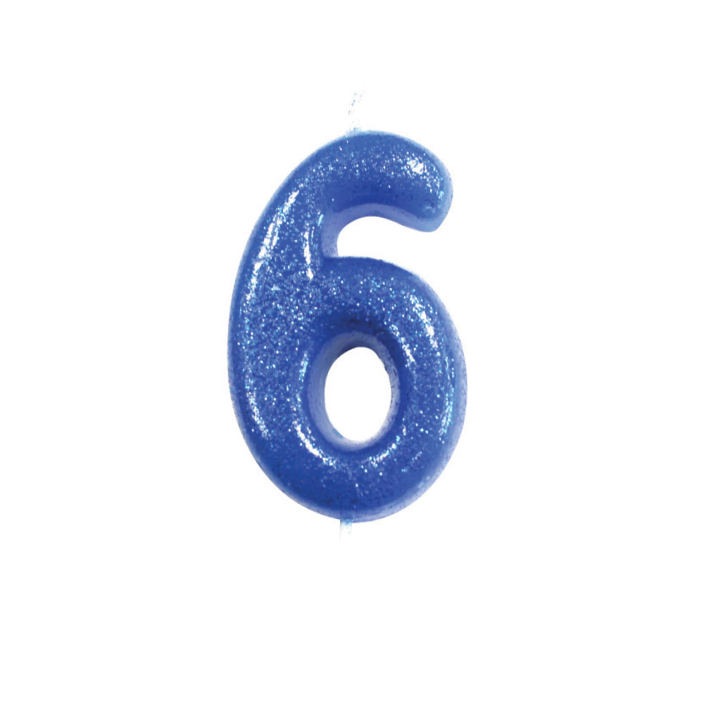 Blue number 6 glitter candle