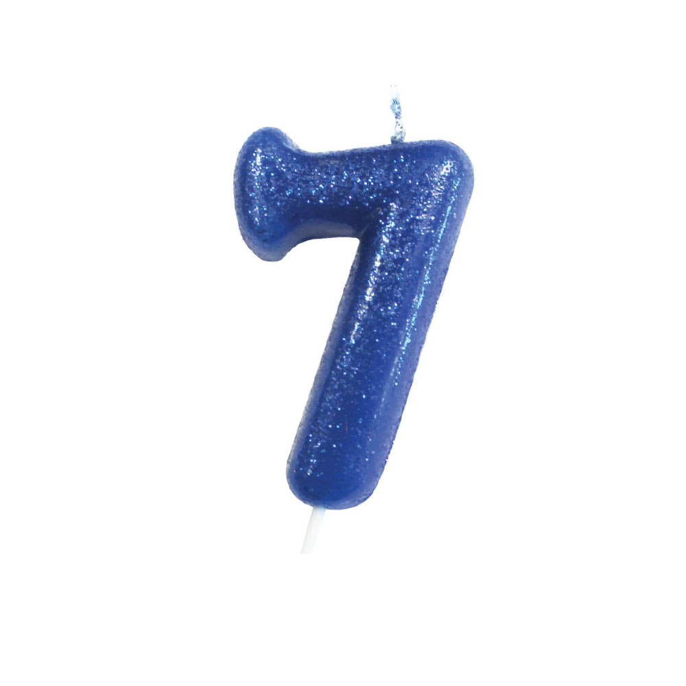 Blue number 7 glitter candle