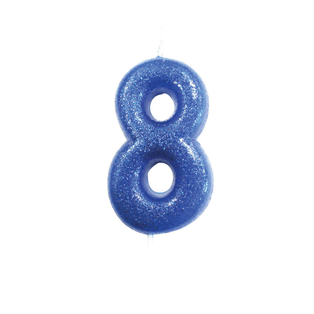Blue number 8 glitter candle