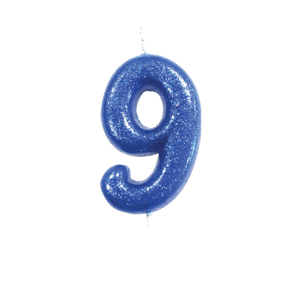 Blue number 9 glitter candle