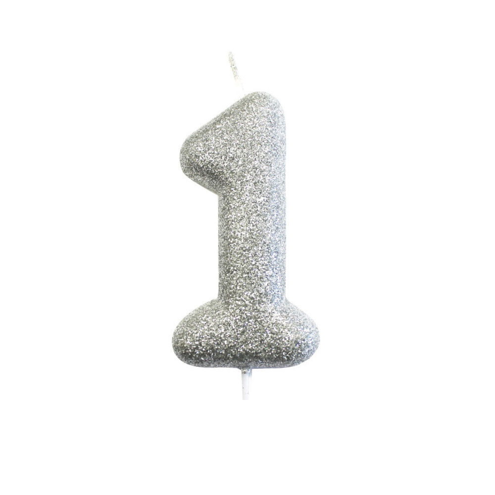 Silver Number 1 Glitter Candle