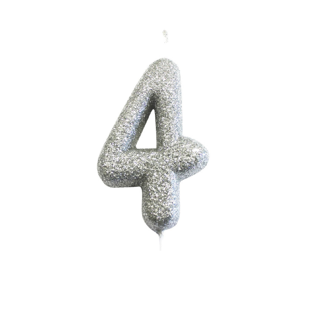 Silver Number 4 Glitter Candle