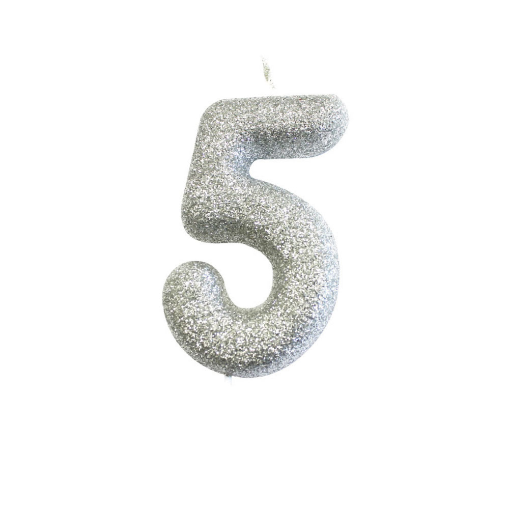 Silver Number 5 Glitter Candle