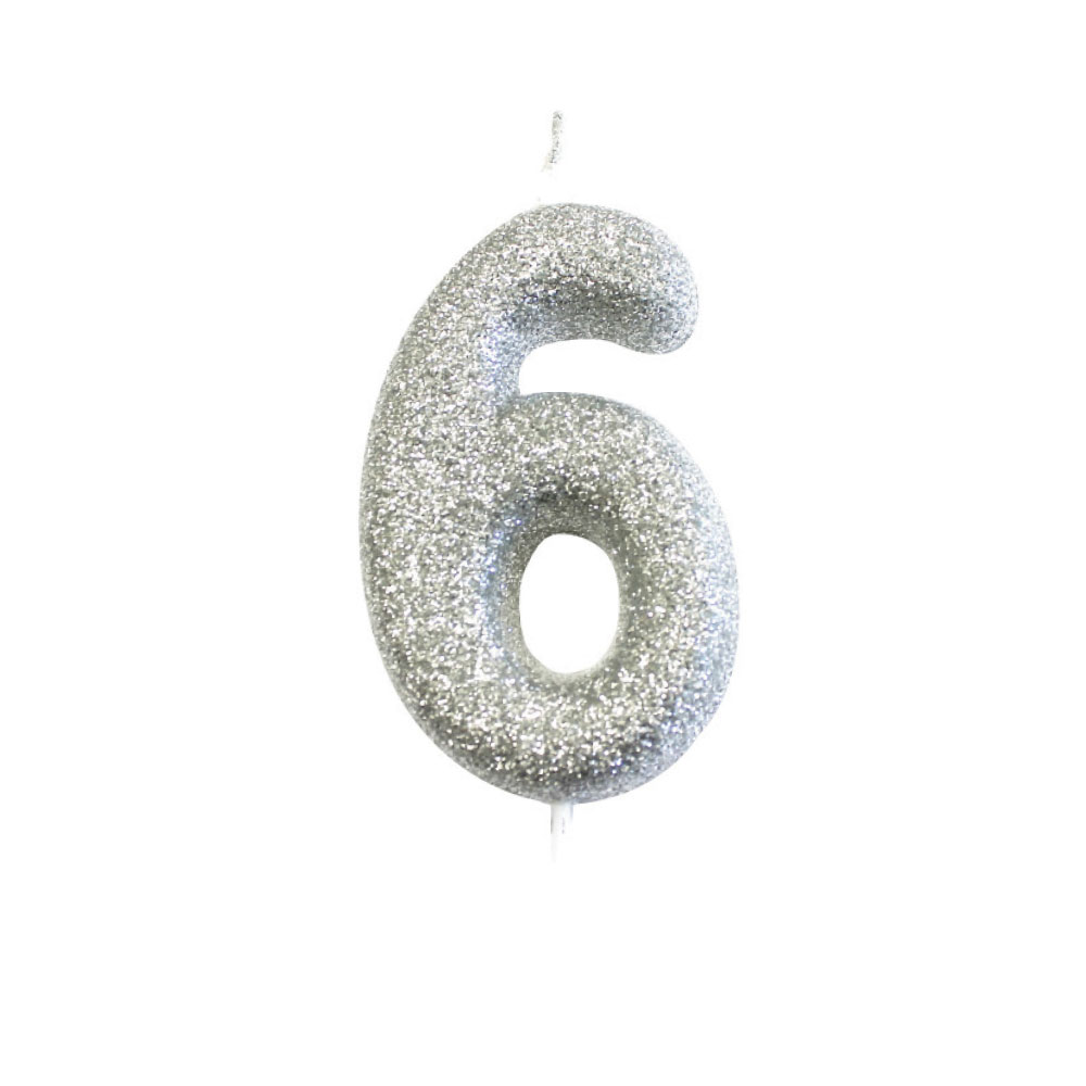 Silver Number 6 Glitter Candle