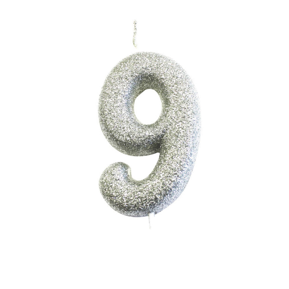 Silver Number 9 Glitter Candle