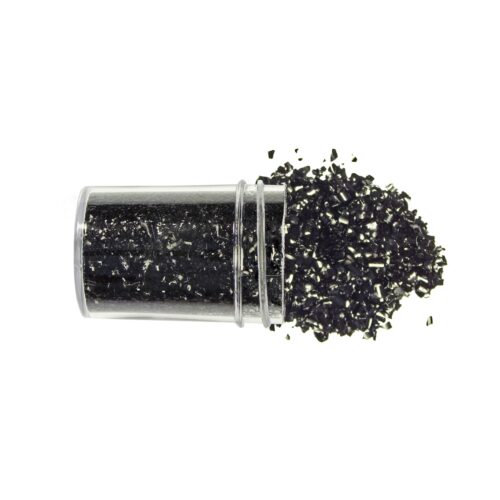 Edible glitter flakes black close up with pot