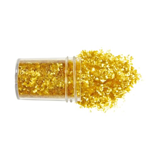 Edible glitter flakes gold close up with pot