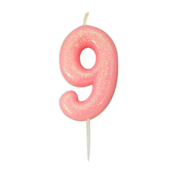 Pink Number 9 Glitter Candle