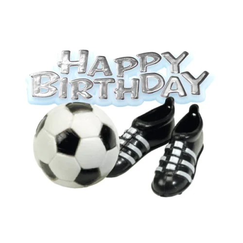 Pack contains a plastic football, pair of plastic football boots and a happy birthday motto in white and silver.
