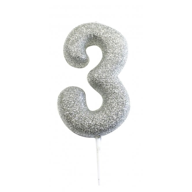 Silver Number 3 Glitter Candle