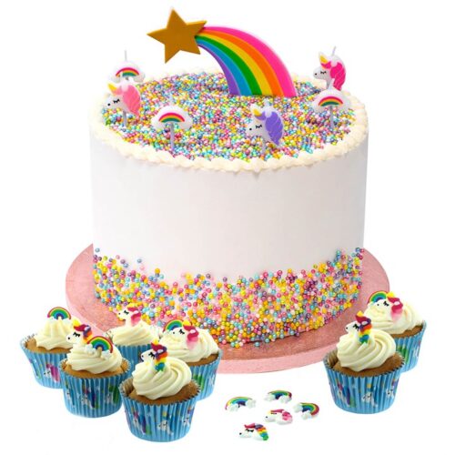 unicorn and rainbow cupcake cases image with cake
