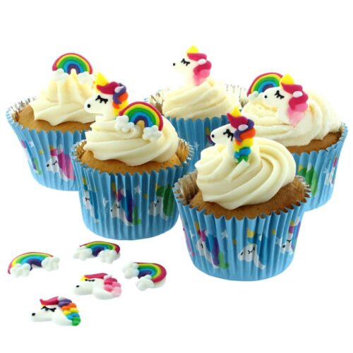 unicorn and rainbow cupcake cases image with decoration