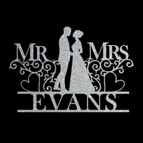 Mr and Mrs Personalised Cake Topper Wedding Silver